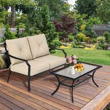 2pcs Outdoor Loveseat Set Cushioned Patio Bench Sofa W Coffee Table