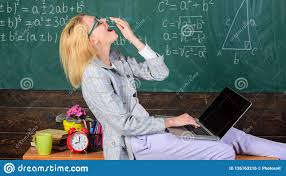 Woman Tired Teacher Work Laptop Classroom Chalkboard