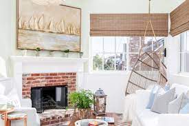 living room with brick floors