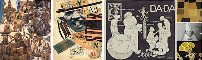 Various Dadaist collages and artworks by Raol Hausman, Kurt Schwitters, Max Ernst and Richard Huelsenbeck
