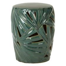 Palm Leaf Textured Green Ceramic Stool