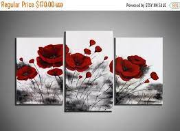 Set Of 3 Canvas Art Red Poppies Flowers