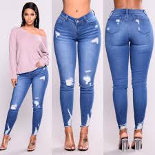 Light Blue Skinny Ripped Jeans For Female Women Mid Waist Bleash Wash Joelinks Store