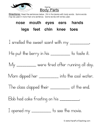 Groups of worksheets on nouns, verbs, pronouns, adjectives, other parts of speech, writing sentences, capitalization and punctuation. Body Parts Fill In The Blanks Worksheet Have Fun Teaching