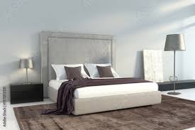 modern grey bedroom with brown carpet