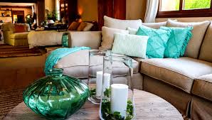sofa in light tones with turquoise blue