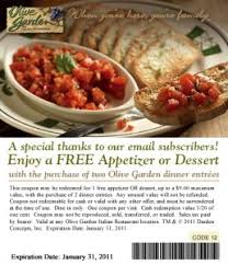 The establishment is dedicated to providing delicious italian inspired food along with a warm and there is a full menu of entrees, appetizers, desserts, and of course, wines. Free Dessert Or Appetizer At The Olive Garden With Purchase