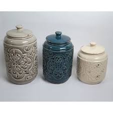 Set of 3 chic colorful ceramic kitchen canister set with bamboo lids. Rustic Quilted 3 Piece Kitchen Canister Set Kitchen Canister Sets Rustic Kitchen Canisters Kitchen Canisters