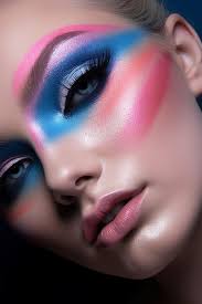 a woman with a blue and pink makeup and