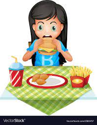 A hungry girl eating at fastfood restaurant Vector Image