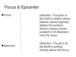 The difference between the epicentre and the focus of earthquakes is this:the focus of the earthquake is where the actual earthquake occurred epicenter is the point on earths surface directly above an earthquakes starting point,or focus focus is the point along a fault at which the first motion. Ppt Forces In The Earth Seismic Waves Powerpoint Presentation Free Download Id 3109249