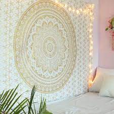 white and gold mandala tapestry wall