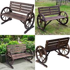 outdoor wooden wagon wheel bench rustic