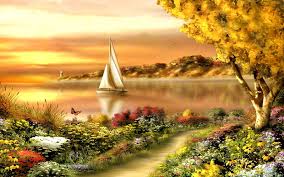 Summer scene, Boat, Painting, Tree, River, Sunset, HD wallpaper | Peakpx