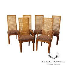 Angled side panels flank the sides of the chair's high back. Thomasville Vintage Set 6 Oak Cane Back Dining Chairs Bucks County Estate Traders