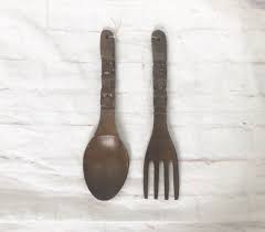 Vintage 70s Hand Carved Wood Spoon Fork