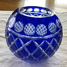 Vintage Cobalt Blue Cut Glass Rose Bowl