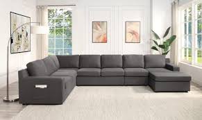 Lilola Home Waylon Gray Linen 7 Seater U Shape Sectional Sofa Chaise With Pocket