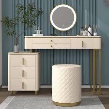 beige vanity desk with led light mirror