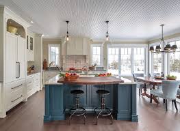 farmhouse kitchen with blue island