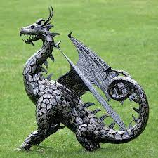 Large Metal Dragon Statue W Open Wings