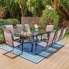 Phi Villa Black 9 Piece Metal Outdoor Patio Dining Set With Slat Extendable Table And C Spring Textilene Chairs