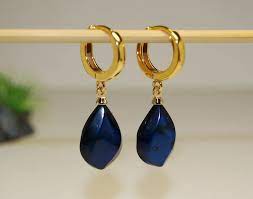 Earrings Made Of Blue Caribbean Amber Deep Blue Amber And Gold Color Japanese  Br 