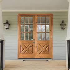 Krosswood Doors 64 In X 96 In Knotty Alder 2 Panel Left Hand Inswing 1 2 Lite Clear Glass Grey Stain Double Wood Prehung Front Door