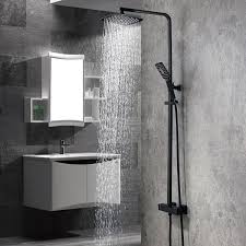Home/showers/showers by range/matte black showers. Modern Exposed Thermostatic Shower Faucet Matte Black Square Rain Shower System With Hand Shower