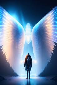 man stands in front of a giant angel wings