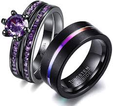 Metearial 18k gold filled with brass all rings are u.s.a size rings. Amazon Com Wedding Ring Set His Hers Couples Matching Rings Women S 18k Black Gold Filled Violet Cz Wedding Engagement Ring Bridal Sets Men S Tungsten Carbide Wedding Band Jewelry