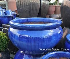 large glazed blue low bowl planter