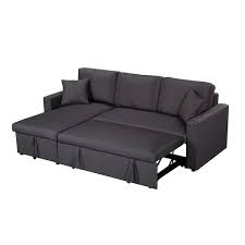 Linen Fabric Reversible Sleeper Sectional Sofa With Storage Chaise Dark Gray Size One Size