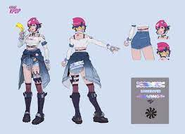 kiriko (overwatch), le sserafim, overwatch, overwatch 2, concept art,  highres, official art, beanie, blue hair, blue shorts, boots, bracelet,  character name, closed mouth, earrings, english text, fingerless gloves,  full body, gloves, hat,