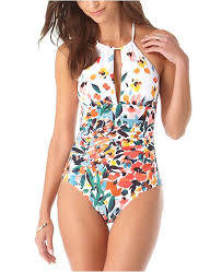 Sunset Floral High Neck Pleated Ruffle Strap One Piece Swimsuit