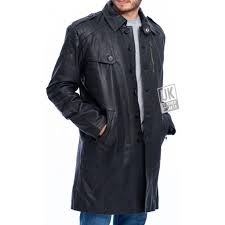 Mens Black Leather Trench Coat Rear