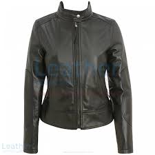 Band Collar Black Womens Leather Motorcycle Jacket