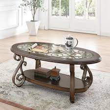 J E Home 52 5 In Dark Brown Glass Table Top Coffee Table With Powder Coat Finish Metal Legs