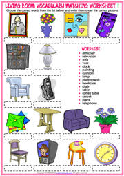 For beginners and young kids. Living Room Objects Esl Vocabulary Worksheets