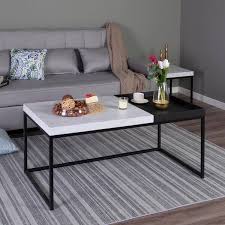Phi Villa 3 Piece 48 In White And Black Rectangle Wood Coffee Table Set With Metal Leg