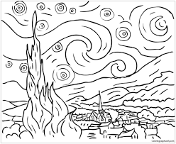 Instead of just using crayons or colored pencils, we're going to paint this coloring page with watercolor and add textured details to our painting with salt! Starry Night By Vincent Van Gogh Coloring Pages Arts Culture Coloring Pages Coloring Pages For Kids And Adults