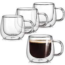 Bnunwish Double Wall Glass Coffee Mugs 10oz Set Of 4 Insulated Clear Tea Cups With Handle Perfect For Espresso Latte And Cappuccinos