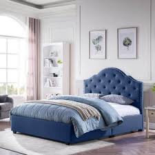 Navy Blue Fully Upholstered Bed Frame