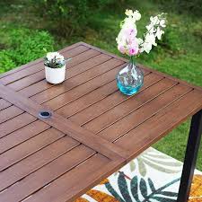Brown Rectangle Metal Patio Outdoor Dining Table With Umbrella Hole