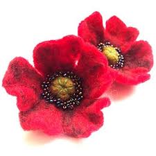 red poppy earrings handmade felted wool