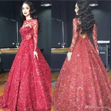 Shinning Red Evening Pageant Dresses 2018 Modest Sheer Crew Neckline Long Sleeve Plus Size Ball Gown Wine Party Prom Gowns Arabic