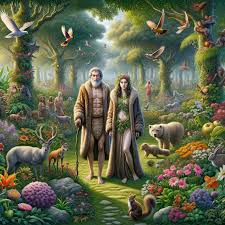 adam and eve in garden of eden lush