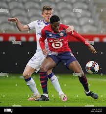 LILLE, FRANKREICH – JANUAR 17: Thomas Foket vom Stade Reims, Jonathan David  vom Lille OSC während des Ligue 1 Spiels zwischen Lille OSC und Stade Reims  im Stade Pierre Mauroy am 17.