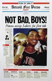 The detroit pistons completed their four game sweep of the los angeles lakers to capture their first title in franchise history . Detroit Pistons Bad Boys Became Nba Champions 31 Years Ago Today