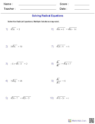 Algebra 1 Worksheets Radical